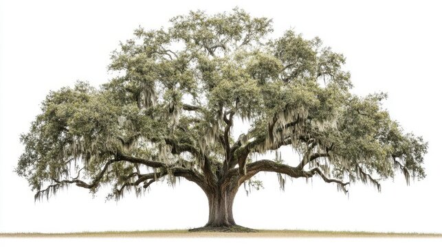 majestic ancient live oak tree with sprawling branches and spanish moss isolated on white background in high resolution photography