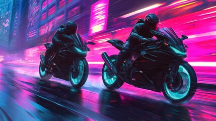 High-Speed Motorcycle Riders in Neon Cityscape at Night