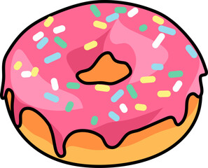 A pink donut with colorful toppings isolated on a white background