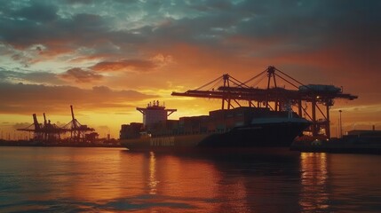Fototapeta premium majestic container ship navigating through bustling international port terminal at sunset with dramatic sky and loading cranes in operation
