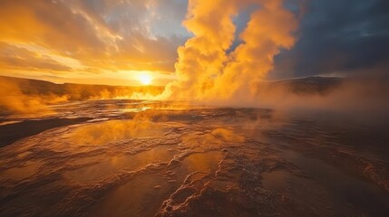 Fototapeta premium majestic geothermal geyser eruption at sunrise natural hot spring spectacle in iceland's volcanic landscape with dramatic sky and steam clouds
