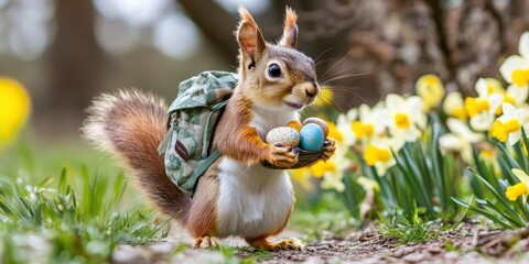 A cute squirrel carrying small eggs and wearing backpack and standing on the ground among daffodils.