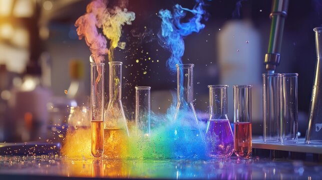 Colorful chemical reaction in lab beakers with vibrant smoke and sparks.