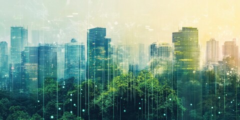 sustainable business practices in corporate architecture concept, A double exposure of a green building and cityscape, with an abstract digital background
