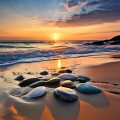 the AI Image Generator, Sunset Over Ocean Waves and Pebbled Beach at Twilight