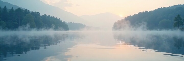 Gentle mist ascends serene lake surface softening ripples, softfocus, water, serenity