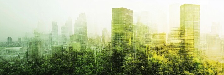 sustainable business practices in corporate architecture concept, A double exposure of a green building and cityscape, with an abstract digital background