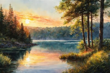 Obraz premium the AI Image Generator, Lake and Forest Landscape at Sunset with Vibrant Colors