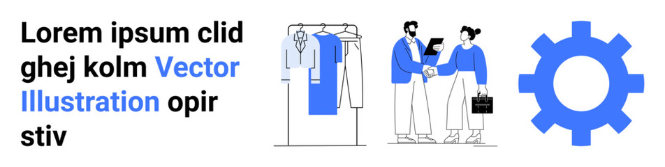 Business professionals shaking hands next to a clothing rack, blue gear wheel on right. Ideal for business networking, retail, fashion industry, partnership, technology integration, corporate