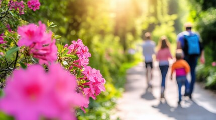 Obraz premium Golden spring blossoms on tree branches in a sunlit park, with a scenic path lined with tall trees creating a serene atmosphere.