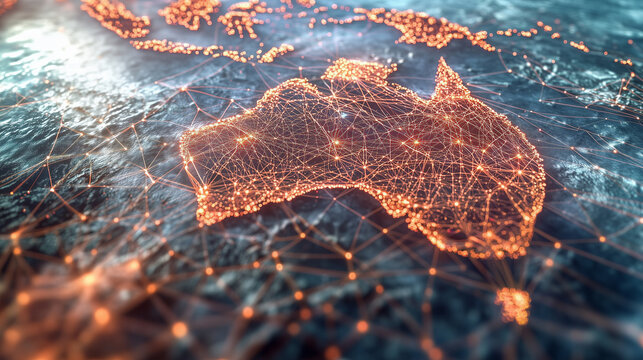 Abstract red network map of Australia global data transfer concept digital illustration
