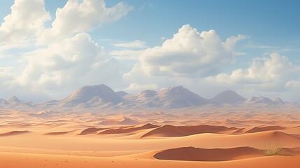 Naklejka premium A quiet desert landscape with rolling dunes and a bright sky, backlighting, space on the left for branding,generative ai illustration
