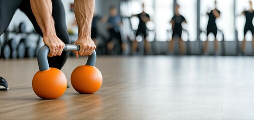 Naklejka premium Close-up view of a man using vibrant kettlebells in a fitness center, showcasing strength and determination during a workout routine.