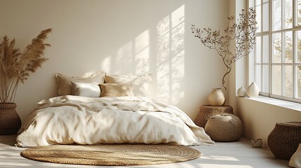 Serene Bohemian Bedroom Interior Design: Sunlit Minimalist Space with Natural Textures