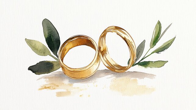 Golden Wedding Bands and Leafy Watercolor Art on Textured White Paper Background