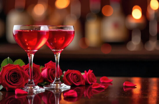 Two glasses with a red cocktail on the stock of a wine establishment with red roses and lights on the background. Valentine's Day card. Place for the text, copy space