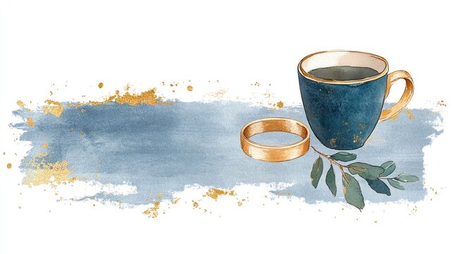 Golden Wedding Bands and Leafy Watercolor Art on Textured White Paper Background