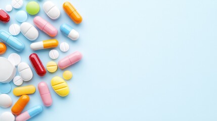 A colorful assortment of pills and capsules on a blue background.