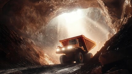 massive industrial mining dump truck operating in open pit mine with dynamic perspective and dramatic lighting, heavy equipment in action