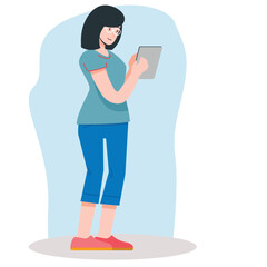 vector of a woman standing holding tablet