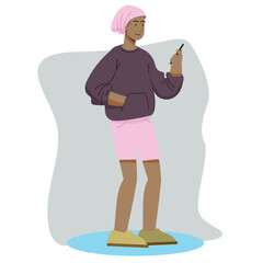 vecrtor of a woman who is standing holding her new cellphone