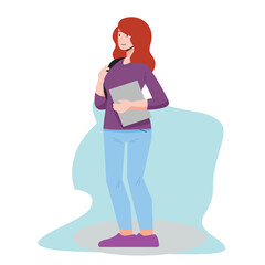 vector of a woman standing carrying a bag and holding a laptop in her hand