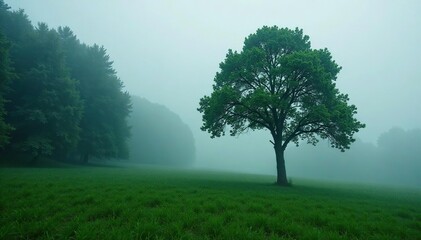 Obraz premium Dense foliage surrounding a lone tree in a misty glade, trees, fog