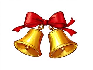 Two golden bells tied with a red ribbon bow, isolated on white background.