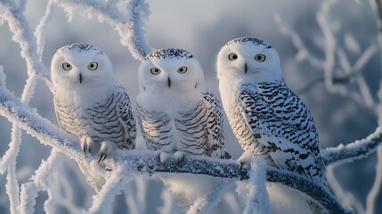 Majestic Trio of Snowy Owls on a Frosty Branch