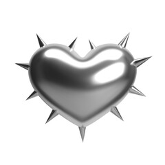 3D metallic heart with spikes, silver chrome surface, isolated vector illustration. Abstract symbol of love, punk style, edgy design element for Valentine’s Day, fashion, Y2K aesthetics
