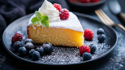 A piece of round lemon cake dusted with icing sugar, served with cream and fresh berries