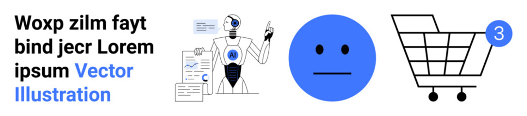 Robot with charts and data, neutral face emotion, shopping cart with notification. Ideal for AI, technology, emotions, online shopping, analytics, business, digital interface themes. Landing page