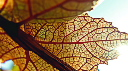 Grape, A close-up view of grape leaves illuminated by sunlight, showcasing their intricate details and vibrant colors in a natural setting.