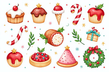 colorful illustrations christmas treats decorations featuring watercolor style handmade design element added