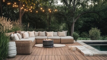 modern bohemian outdoor living space featuring natural teak deck, oversized rattan sectional with plush cushions, and contemporary stone fire pit under string lights