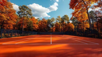 Obraz premium Professional clay tennis court with pristine white lines and black net, surrounded by autumn trees casting shadows, set against deep blue summer sky with white clouds.