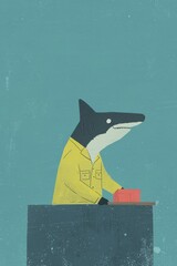 Hammerhead Shark Character in Construction Worker Uniform Engaged in Creative Work Setting