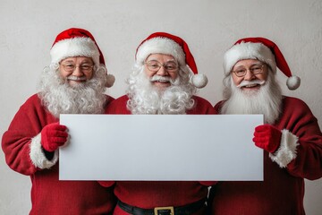 Naklejka premium Three cheerful individuals dressed as Santa Claus hold up a blank sign against a plain background during the holiday season