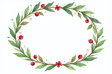 Fototapeta premium colorful watercolor christmas wreath natural elements oval frame surrounded white