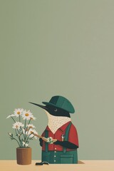 Charming Hummingbird in Florist's Uniform Arranging Flowers in a Pot with a Playful and Colorful Background