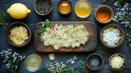 Dried sea moss is artfully arranged on a rustic wooden board, complemented by small bowls of lemon, honey, and other natural ingredients for wellness