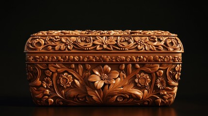 Intricate wooden box with floral carvings, isolated on black.