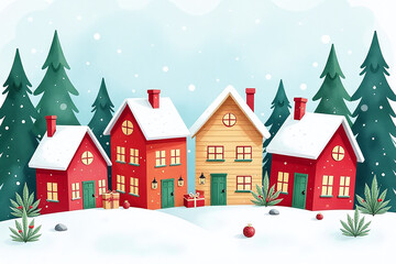 colorful watercolor houses set snowy forest natural elements christmas