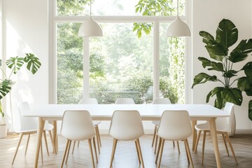 Fototapeta premium Bright, airy dining space with large windows and greenery, invit