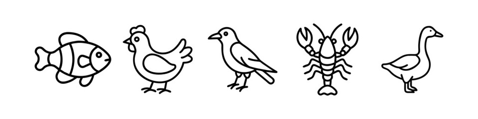 Line Icons of Birds, Aquatic Animals, and Farm Creatures - Minimalistic line icons featuring a fish, chicken, pigeon, lobster, and goose, perfect for farm, wildlife, and aquatic-themed designs.