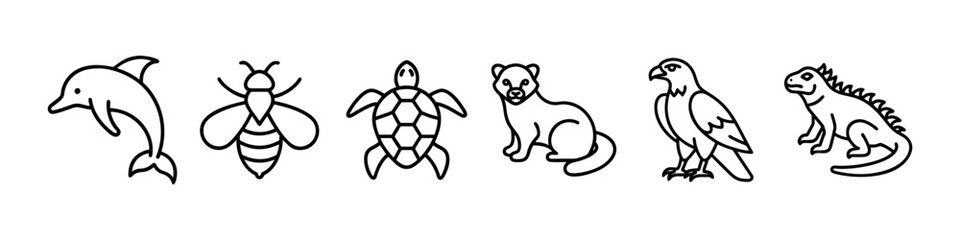 Obraz premium Line Icons of Diverse Wildlife and Marine Animals - Minimalistic line icons featuring a dolphin, bee, turtle, ferret, parrot, and iguana, ideal for wildlife, marine, and exotic animal themes.