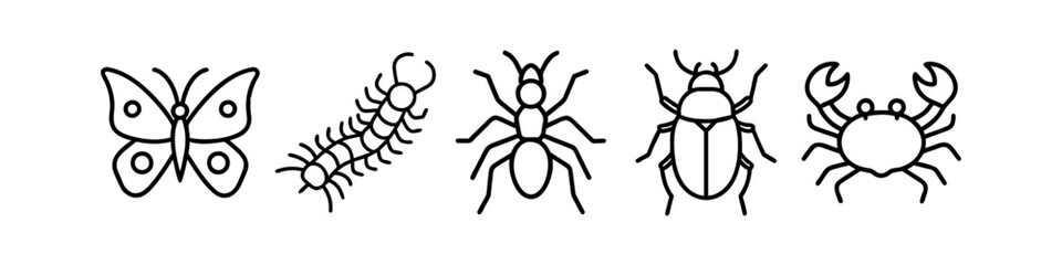 Line Icons of Insects and Arthropods - Minimalistic line icons featuring a butterfly, centipede, ant, beetle, and crab, perfect for wildlife, nature, and biology designs.