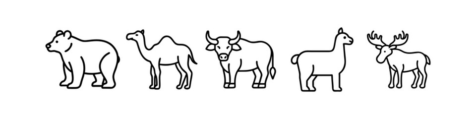 Line Icons of Wild and Domesticated Animals - Minimalistic line icons featuring a bear, camel, buffalo, llama, and moose, perfect for wildlife and animal-themed designs.