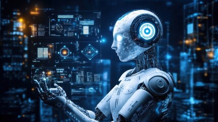 Futuristic Robot Interacting with Digital Interface in Urban Setting