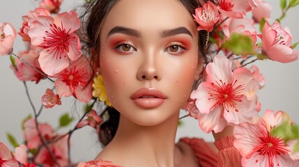 Close-up of a beauty model's face, showcasing makeup artistry and radiant skincare.